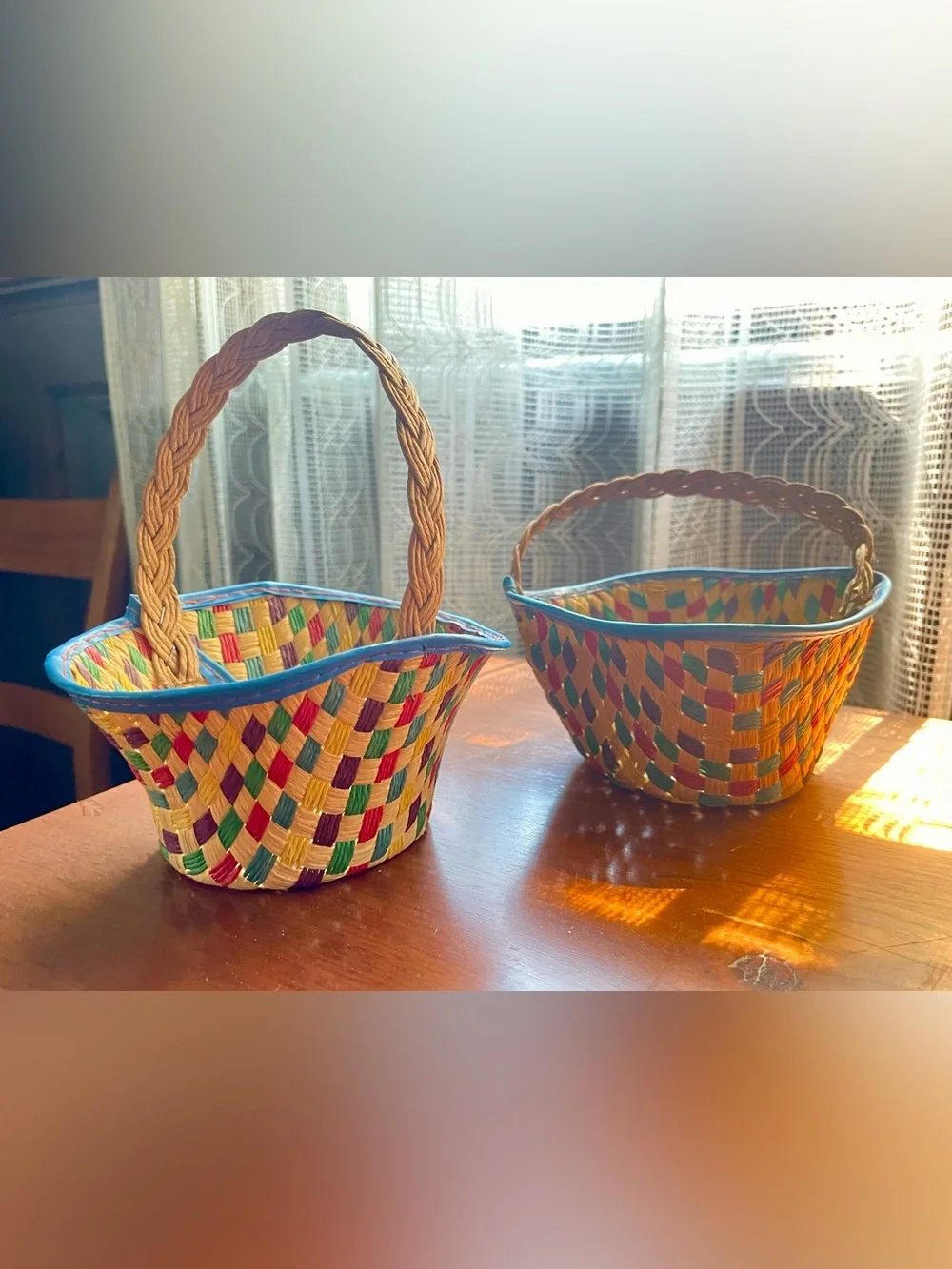 Vintage Multicolored Mini Woven Bamboo Baskets (Set of 2)